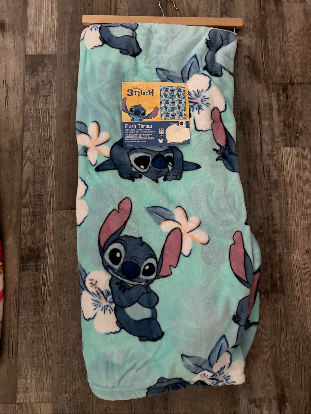 Disney Kids Plush Throw Blanket in Aqua with Blue Stitch and Pink Accents